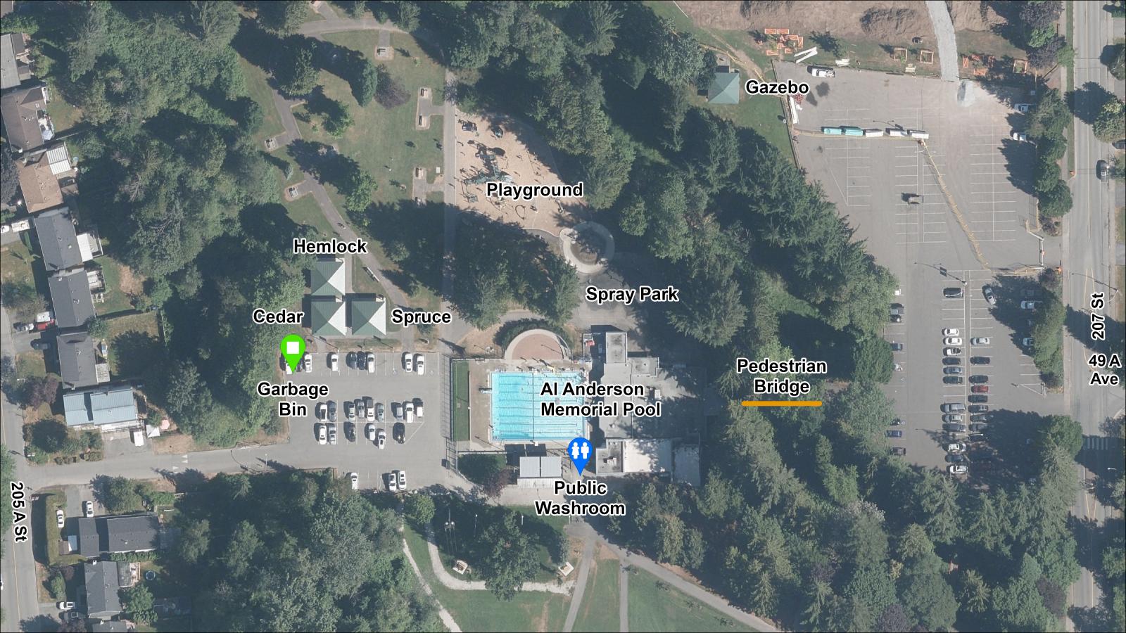 Arial view of City Park picnic shelters
