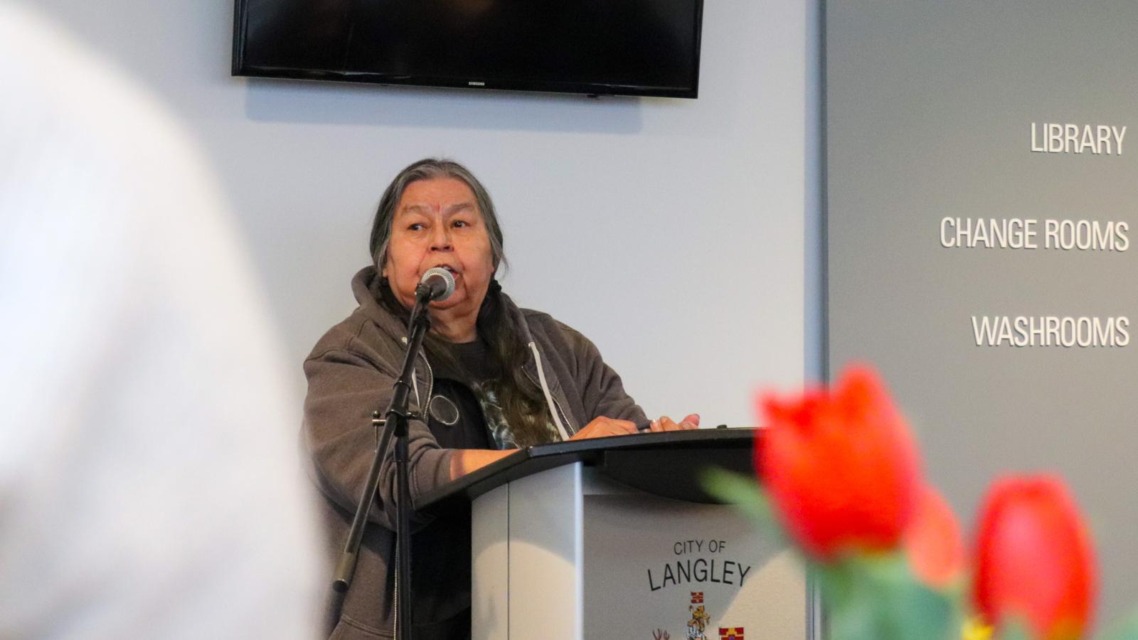 Kwantlen Elder Karen Gabriel welcoming remarks