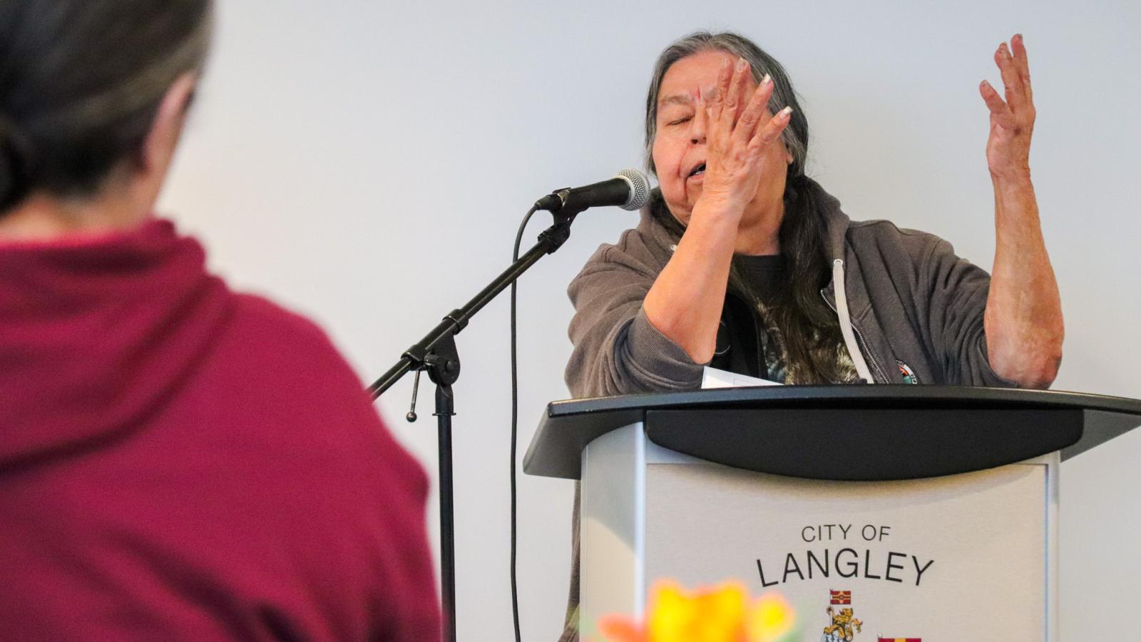 Kwantlen Elder Karen Gabriel welcoming remarks