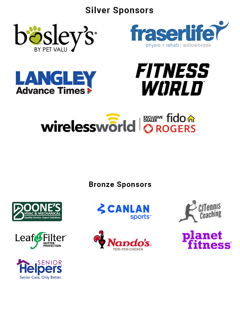Silver Sponsors: Bosley's by Petvalu, Fraserlife Physio and Rehab, Langley Advance Times, Fitness World, and Wireless World. Bronze Sponsors: Boone's HVAC, Canlan Ice Sports CJ Tennis Coaching, Leaffilter, Nando's, Planet Fitness, and Langley Senior Helpers